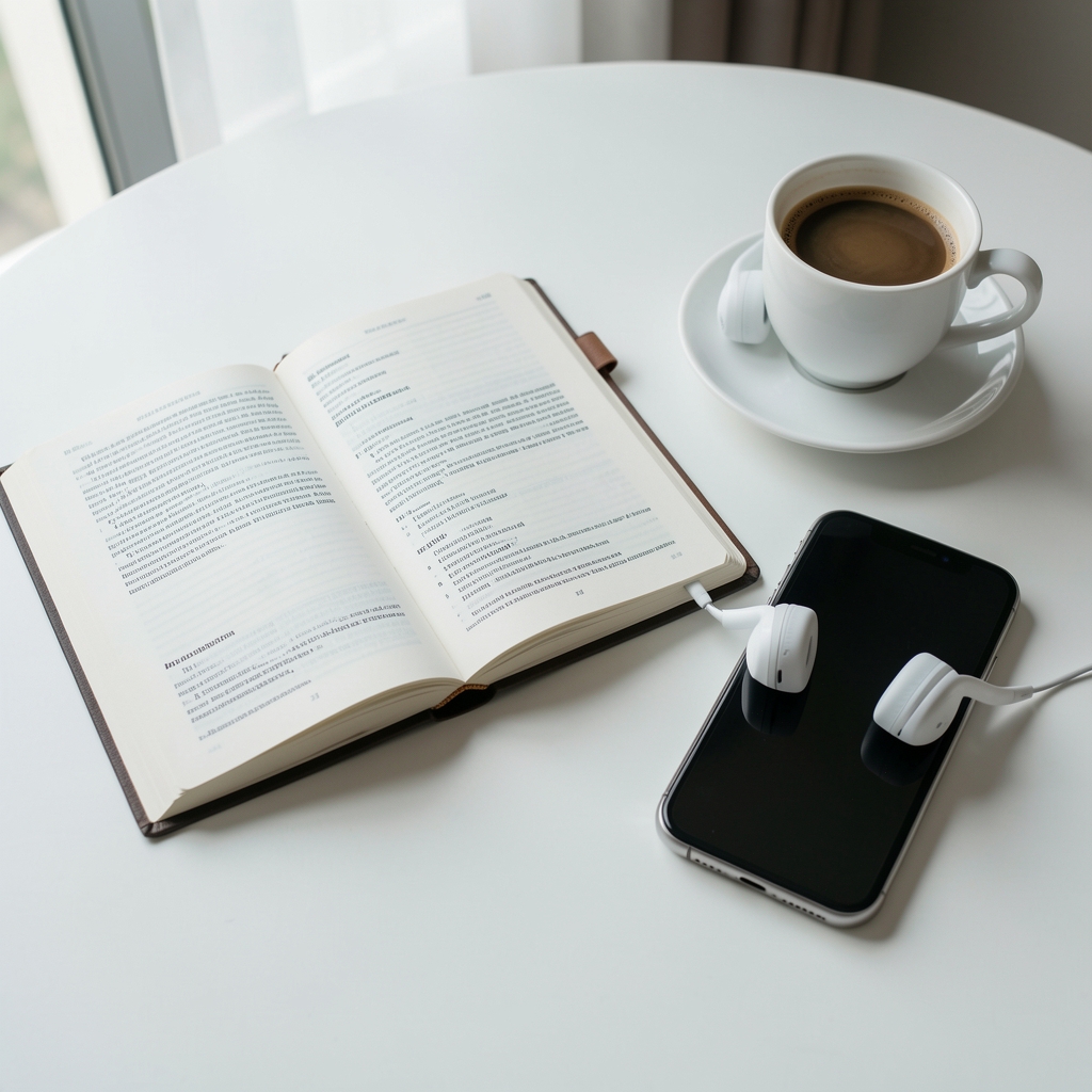 Открытая финансовая книга рядом с смартфоном в наушниках на белом столе с кофе